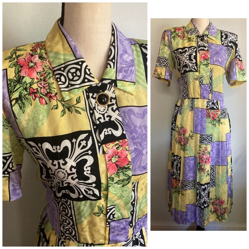 80's Vintage Shirtdress | Mixed Pattern, Flowy Pleated Skirt, Funky Shirt Dress